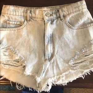 High-waisted light denim shorts